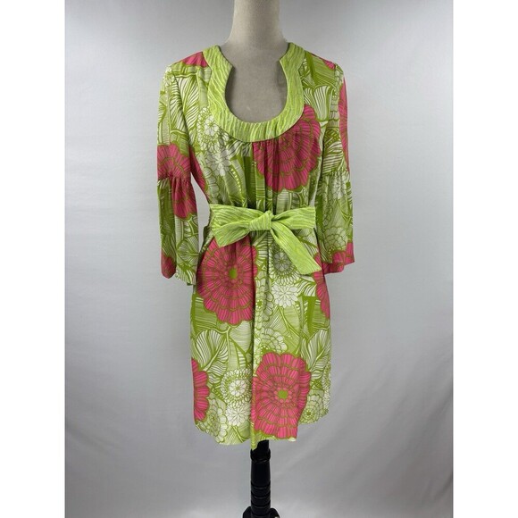 Trina Turk Bonita Silk Dress Green White Pink Floral Print 4 Belted Midi Retro - Picture 1 of 14